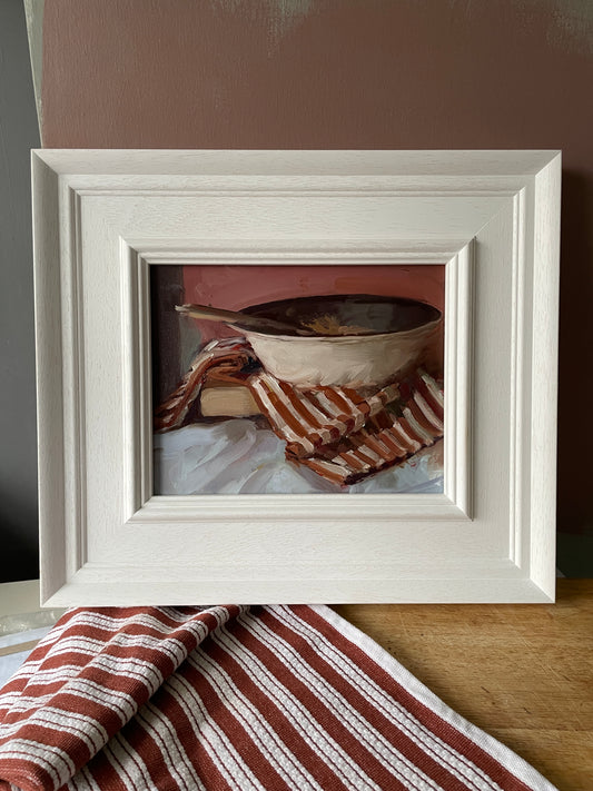 Still life original oil painting with mason and cash bowl