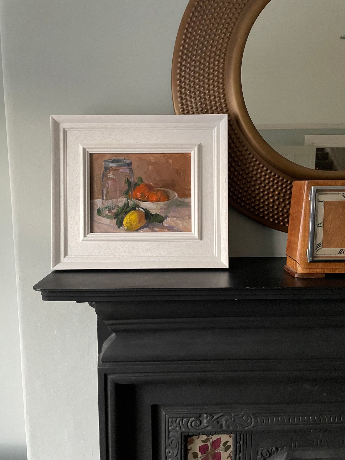 Still life with a glass jar and fruit