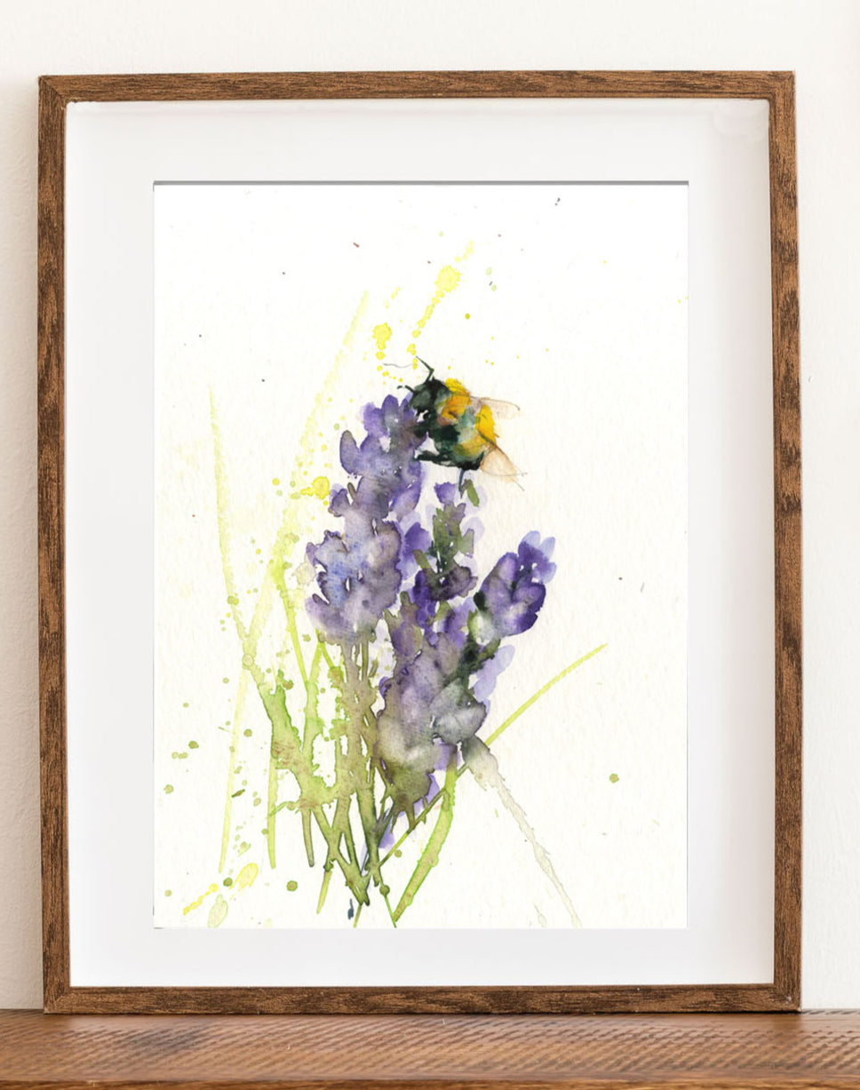 Bumble bee and lavender original watercolour painting