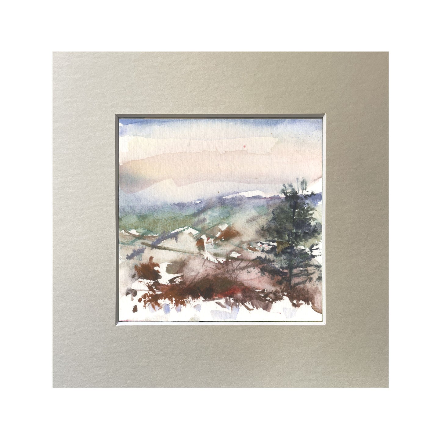 Original landscape watercolour with mount Bickerton Hill, snow.