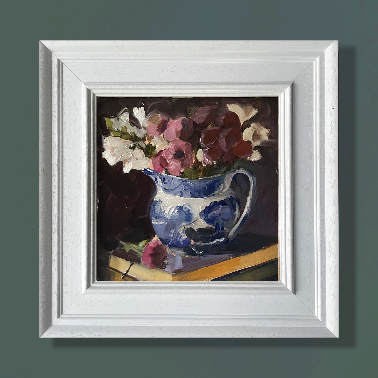 Garden flowers in a blue and white jug still life oil painting