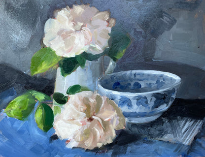 Cream roses and blue bowl original still life oil painting