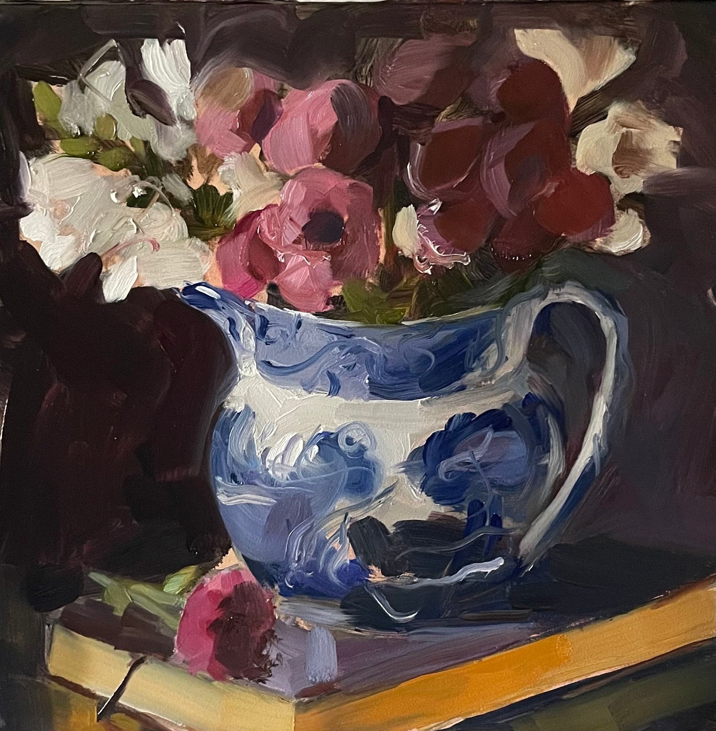 Garden flowers in a blue and white jug still life oil painting