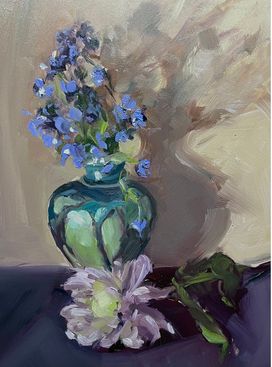 Raku vase with chrysanthemum and forget-me-nots original still life oil painting
