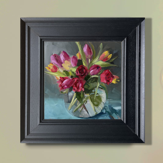 Roses and tulips in a glass bowl original oil painting.