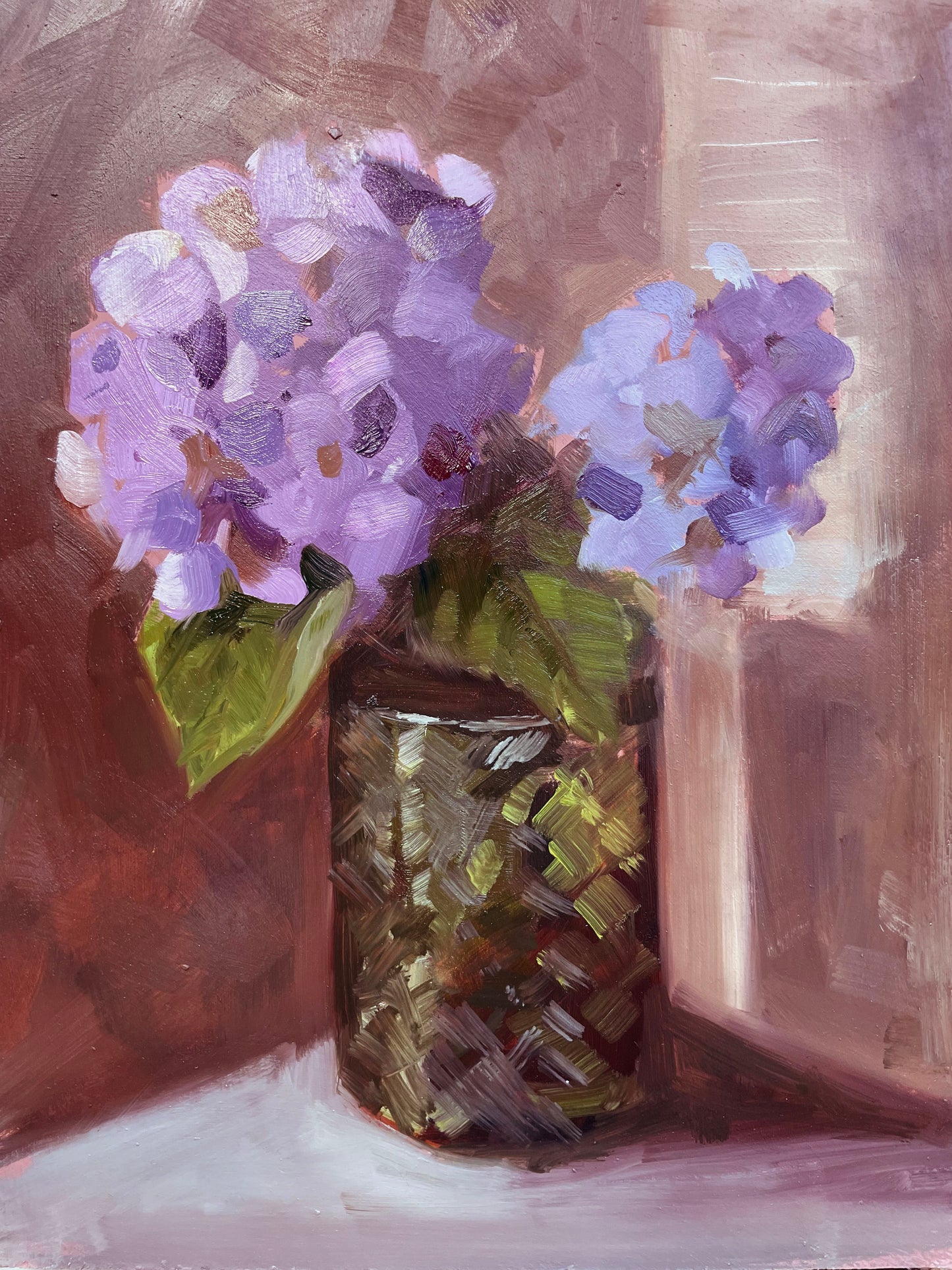 Garden hydrangeas in a green glass vase original oil painting.