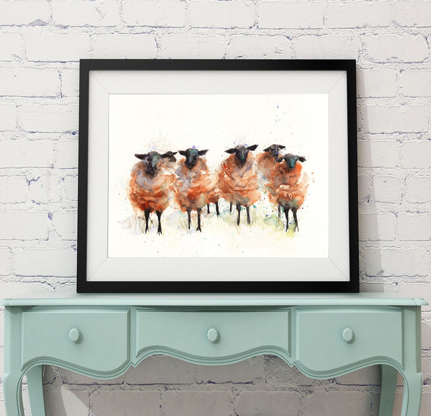 Six Suffolk sheep limited edition print