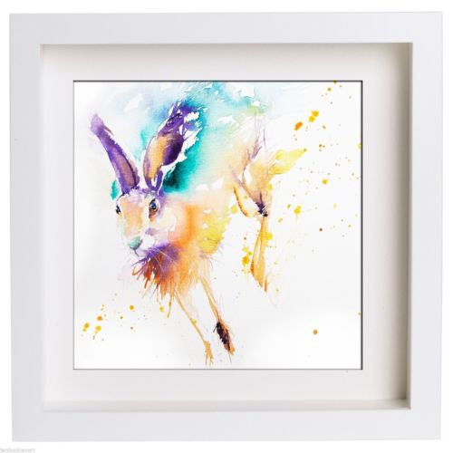 JEN BUCKLEY ART signed PRINT of my original RUNNING HARE watercolour 8X8in - Jen Buckley Art limited edition animal art prints