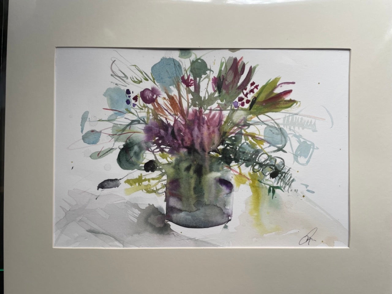 Original watercolour painting "magenta flowers with eucalyptus"