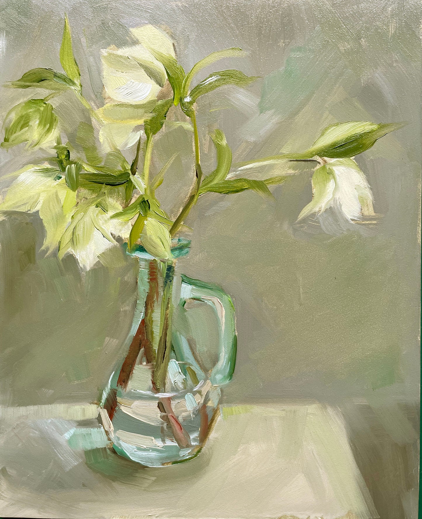 Hellebores in a glass jug original still life oil painting