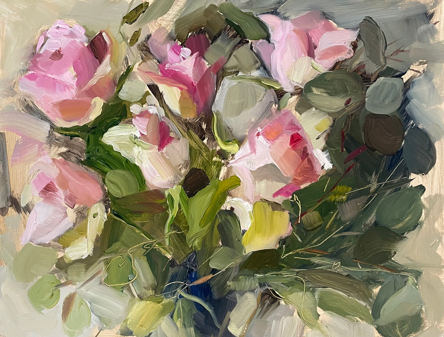 Roses and eucalyptus original still life oil painting