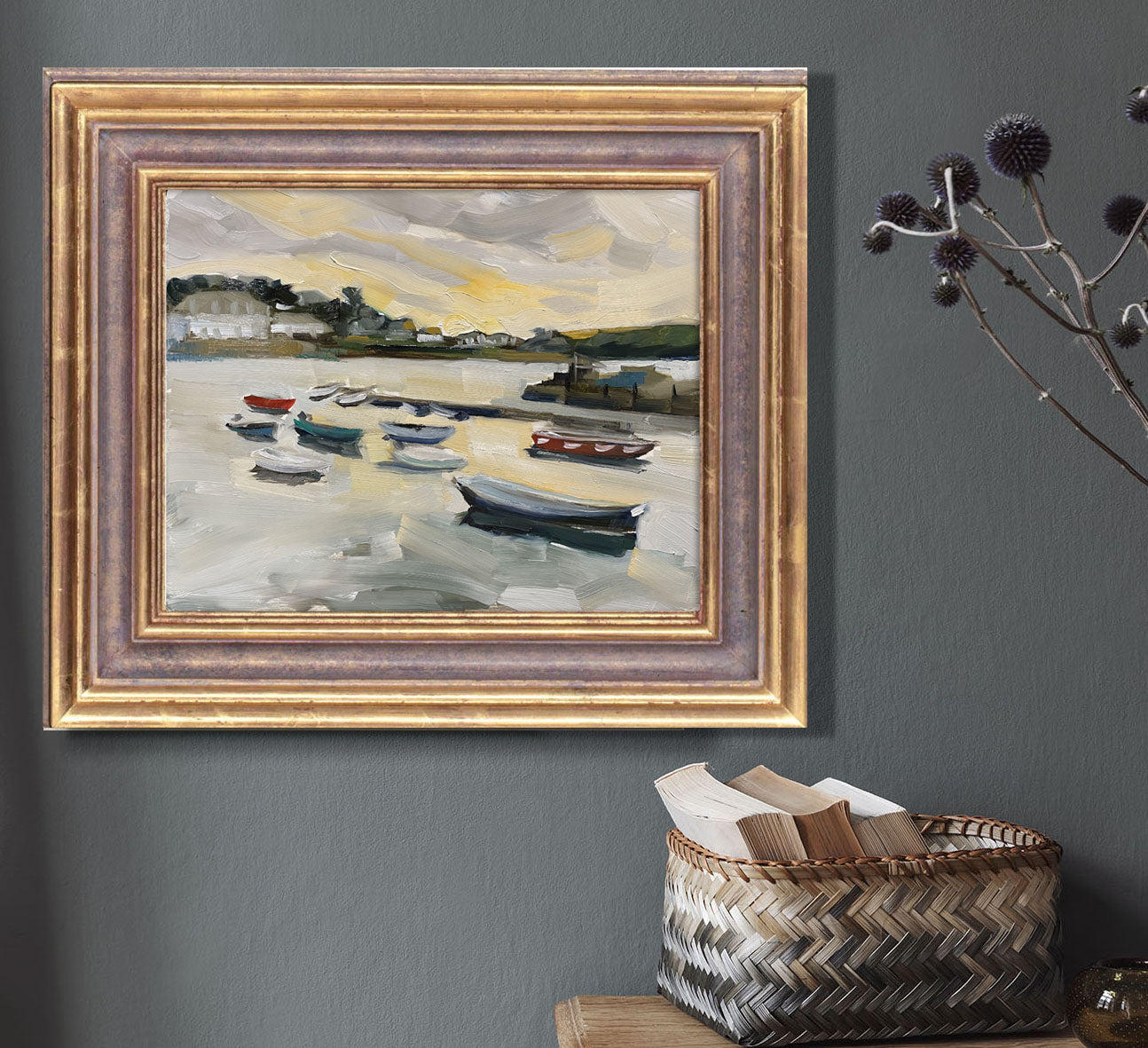 Original oil painting St Mawes harbour, Cornwall. Sunrise.