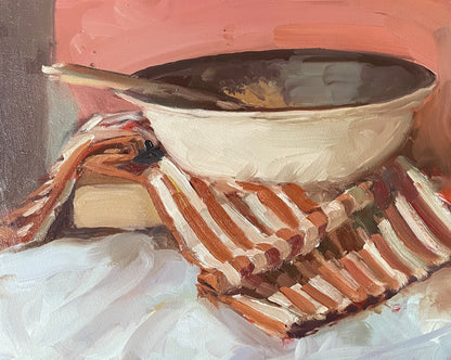 Still life original oil painting with mason and cash bowl