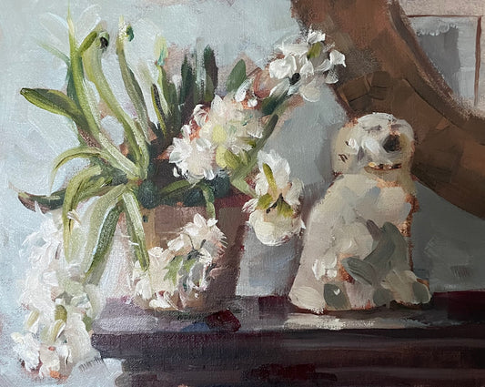 Staffordshire dog and hyacinths