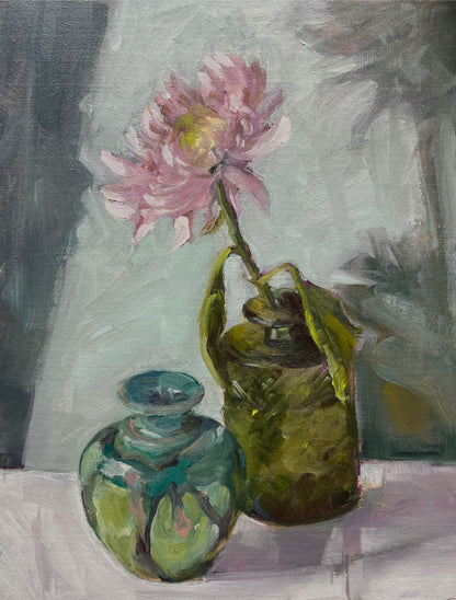 little Raku vase with chrysanthemum original still life oil painting