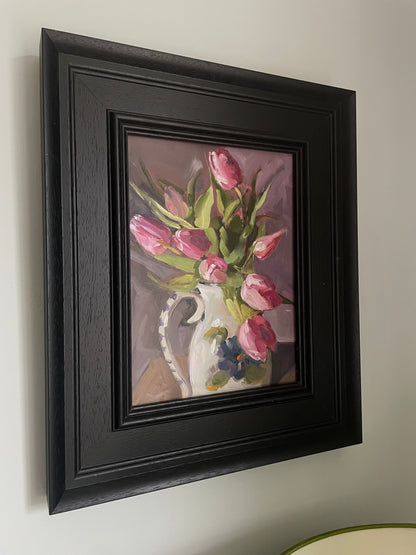 Tulips in a blue and white vase original oil painting.