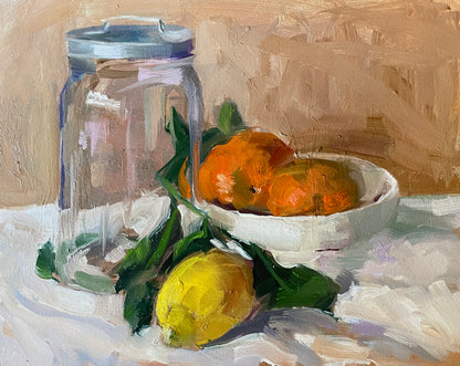 Still life with a glass jar and fruit
