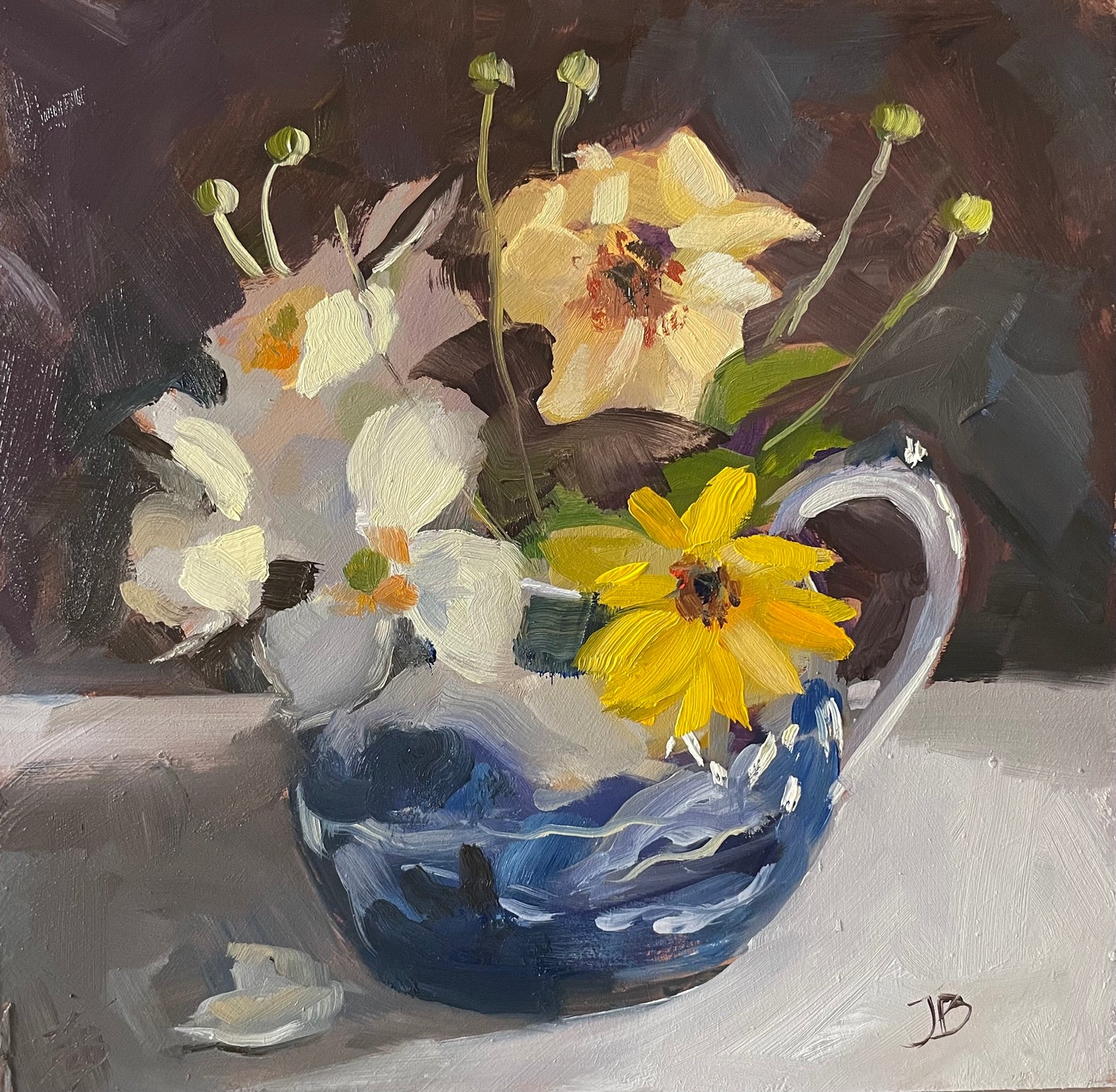 Garden flowers in a blue and white jug original oil painting.