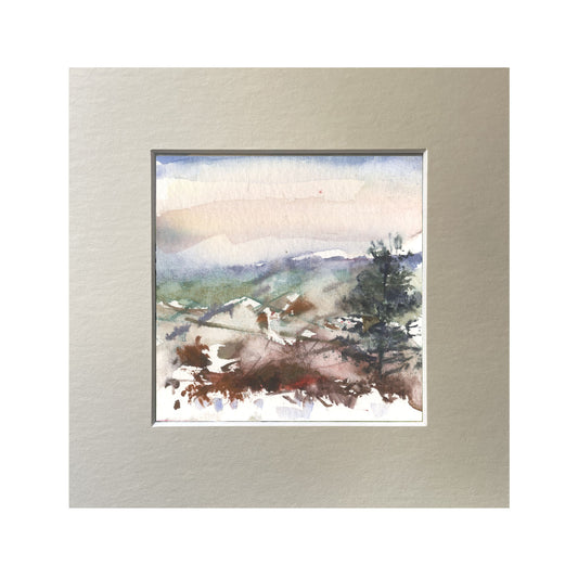 Original landscape watercolour with mount  Bickerton Hill, snow.