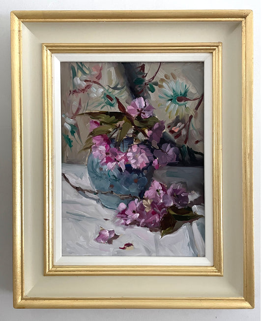 Blue vase with blossom flowers original still life oil painting