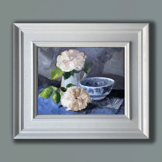 Cream roses and blue bowl original still life oil painting