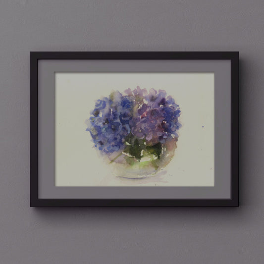Original watercolour painting "Hydrangeas in a glass bowl" - Jen Buckley Art limited edition animal art prints