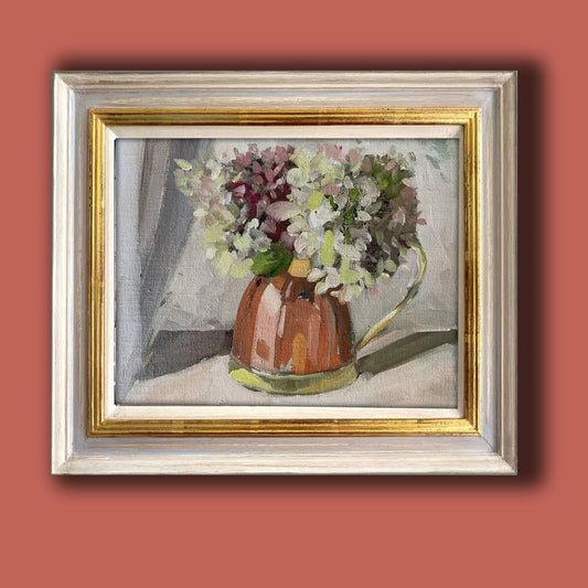 Hydrangea flowers in a copper jug original oil painting.