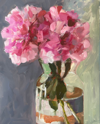 Peonies  in a glass vase original still life oil painting