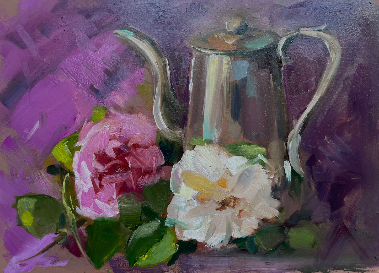 Teapot and roses original still life oil painting