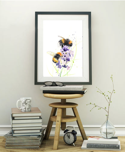 LIMITED EDITON PRINT of my original Bumble bees on a delphinium - Jen Buckley Art limited edition animal art prints