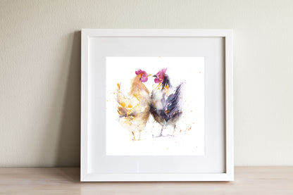 "Hello hen" 2 Hens watercolour print - Jen Buckley Art limited edition animal art prints