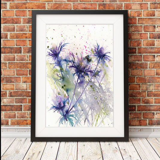 Contemporary  print from original watercolour Bumble bee on a sea holly - Jen Buckley Art limited edition animal art prints
