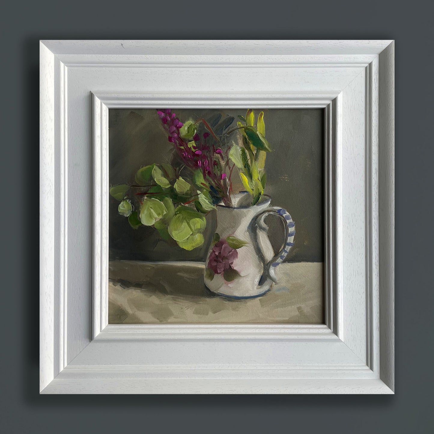 Blue and white jug with magenta flowers original still life oil painting