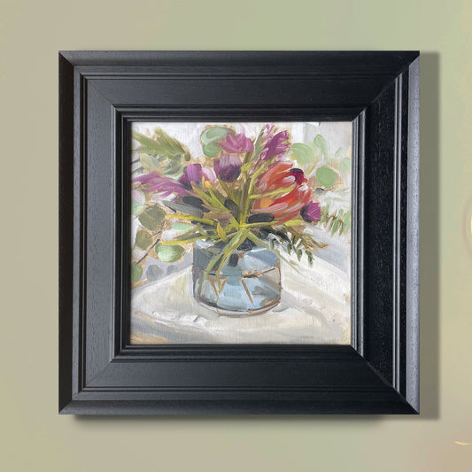 Blue glass vase with magenta flowers original still life oil painting