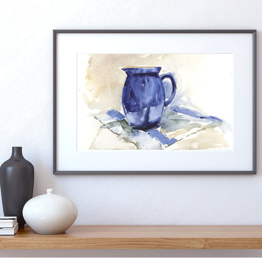 Original watercolour Blue jug on white linen