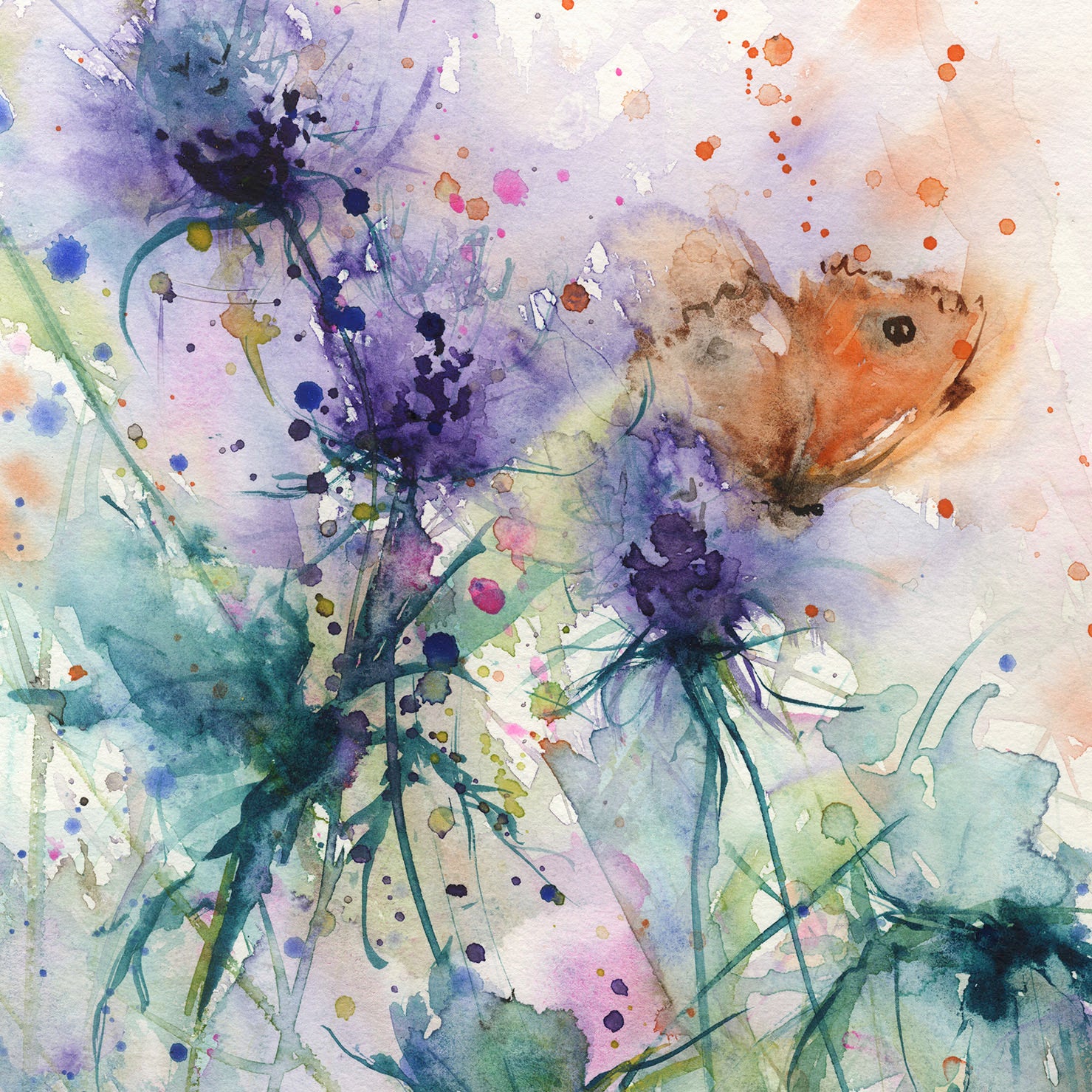 Contemporary floral art  print from original watercolour butterfly on a sea holly - Jen Buckley Art limited edition animal art prints