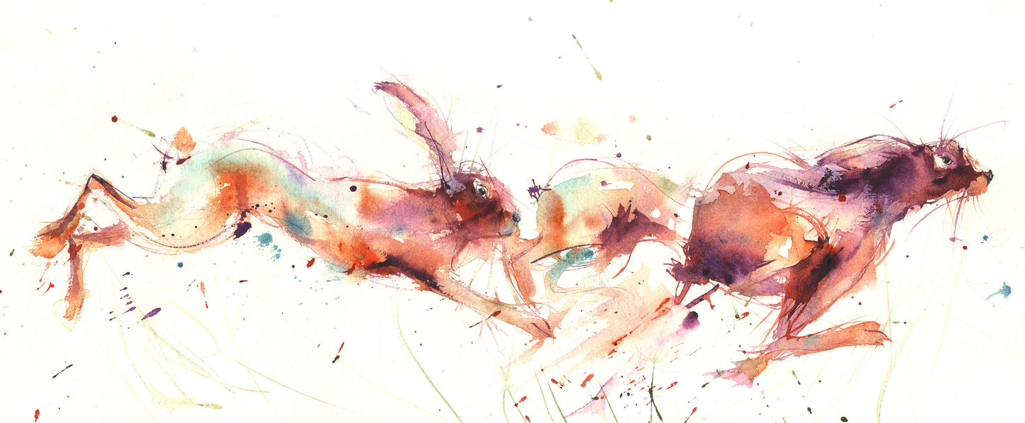 limited edition PRINT of my original chasing HARES II watercolour - Jen Buckley Art limited edition animal art prints