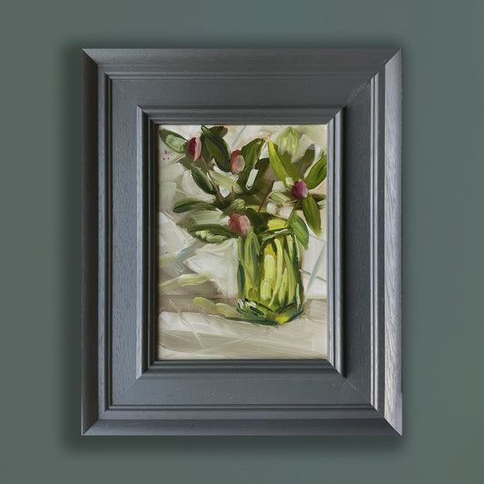 Green vase with Charlotte's flowers original still life oil painting