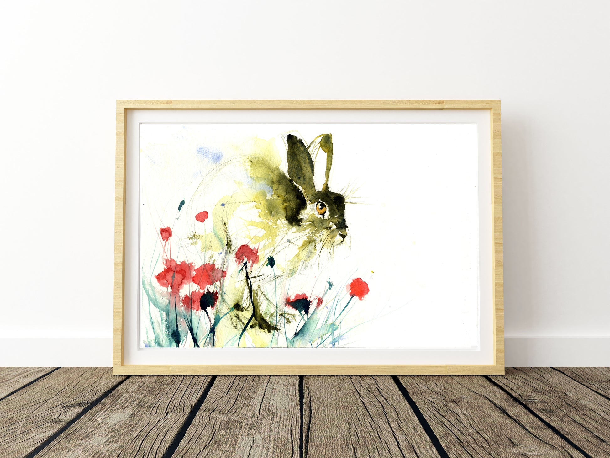 Hare in a poppy field art print by Jen Buckley