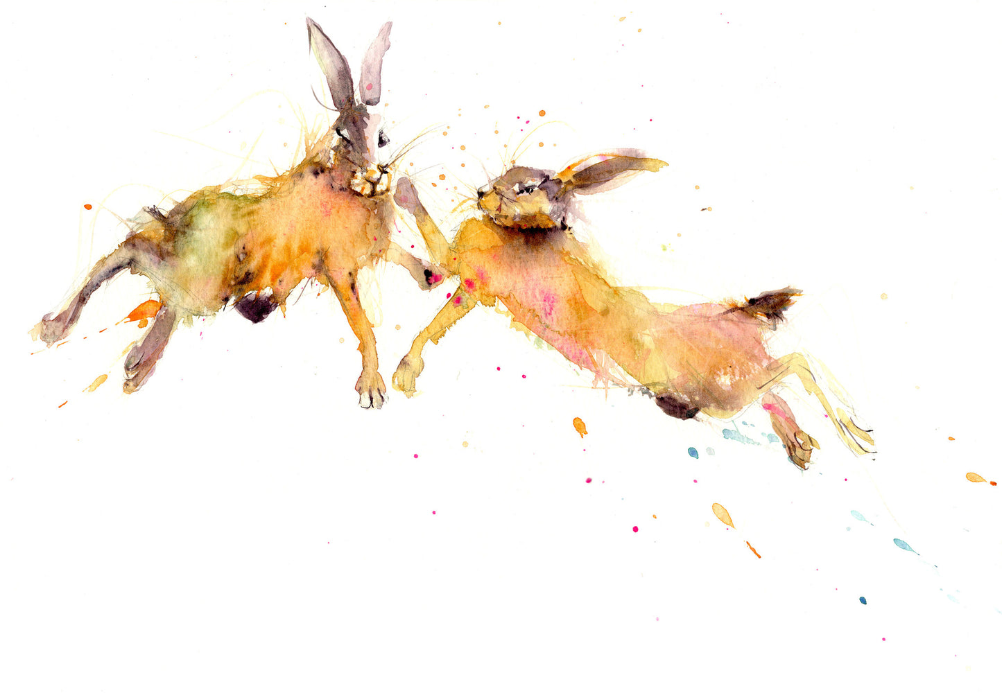 Original watercolour painting 'Boxing Hares' - Jen Buckley Art limited edition animal art prints