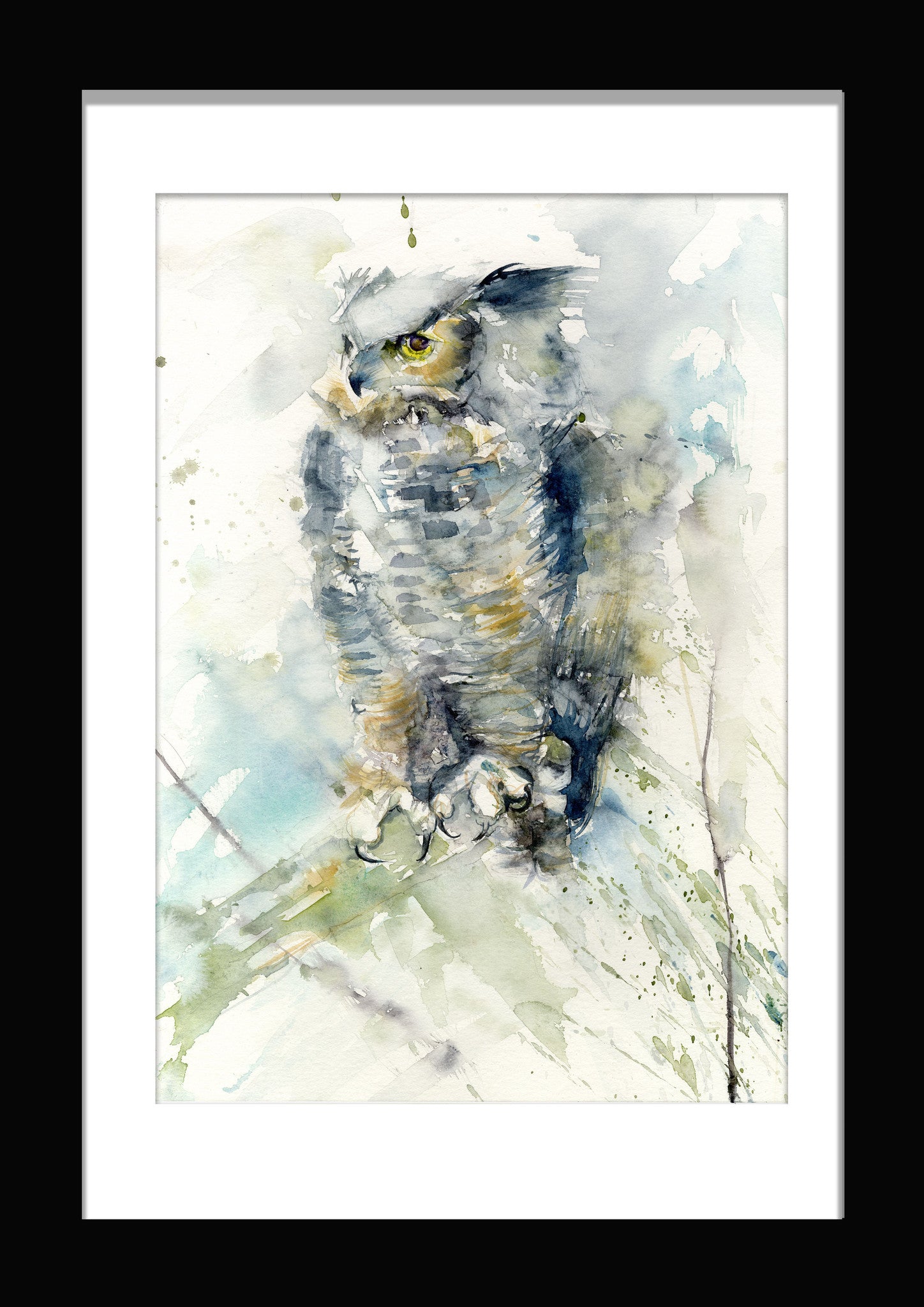 Original watercolour painting 'Horned owl' - Jen Buckley Art limited edition animal art prints