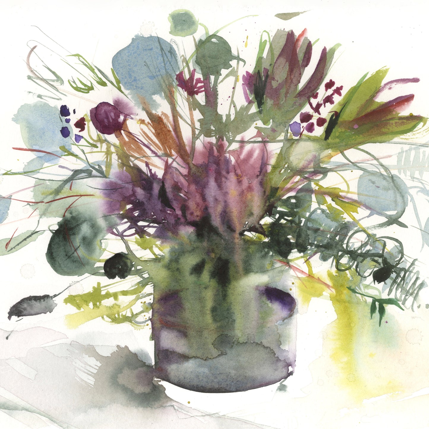 Original watercolour painting "magenta flowers with eucalyptus"